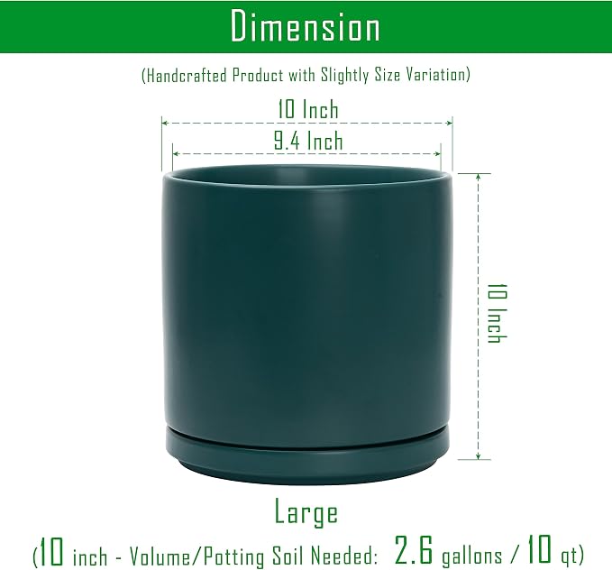 D'vine Dev Set of 2 Plants Pots, 10 Inch Ceramic Planter Pot for Plants with Drainage Hole and Saucer, Teal, 94-V-E-9