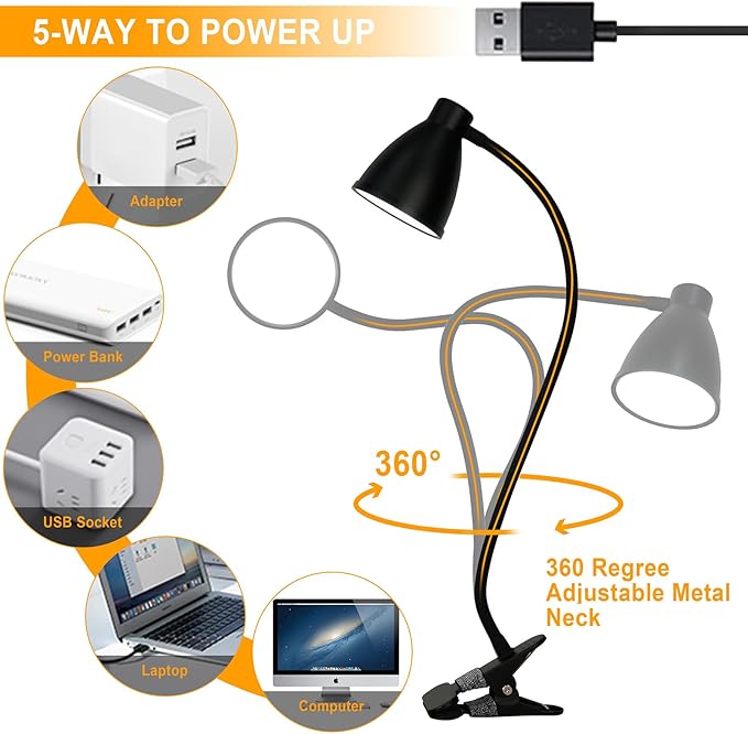 BOHON Desk Lamp 5 Color Modes 10 Brightness Dimmer Reading Light 10W 38 LED Clamp Lamp with Auto Off Timer 360° Flexible Neck Clip on Light for Bed Bedside, AC Adapter Include