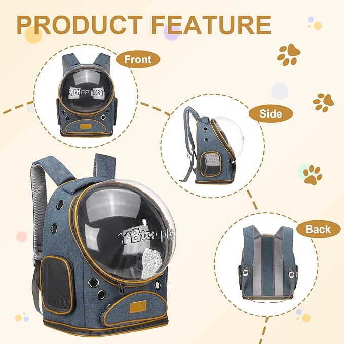 Pet Backpack Carrier, Portable and Ventilated, Oxford Cloth, Dog Cat Travel Bag with Transparent Cover 12.6", (Blue, 1 Pcs), Intended for Hiking/Camping/Traveling