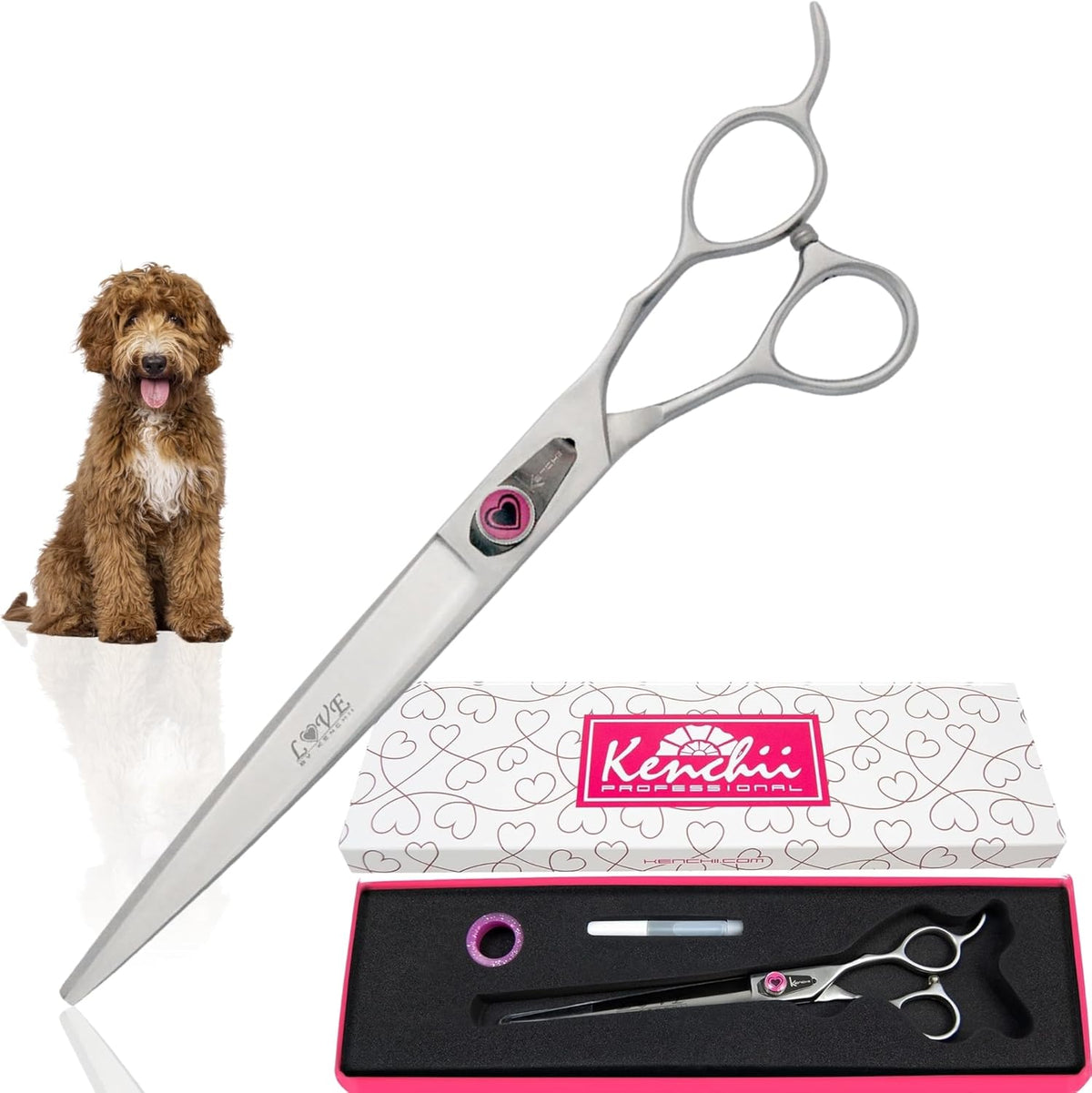 Kenchii Love Dog Grooming Scissors, 8 Inch Straight Shears, Dog Scissors for Grooming, Professional Pet Grooming Scissors, Heavy Duty, Durable and Sharp