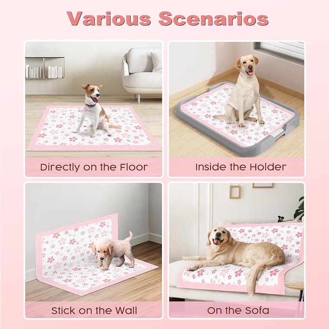 MIZOK Pink Puppy Pads with Adhesive Tabs Disposable Pee Pads 28x34in 100Ct | Heavy Duty Floor Protection Super Absorbent Large Pet Training Pads Use Sticky Bottom Strips to Keep Indoor Areas Mess Free