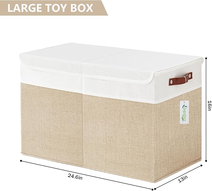 Large Toy Storage Box with Lids, Collapsible Sturdy Baby Storage Organizer Chest Bin Basket for Kids, Boys, Girls, Playroom, Nursery, Bedroom, Closet 25"x13"x16" (Beige and White)