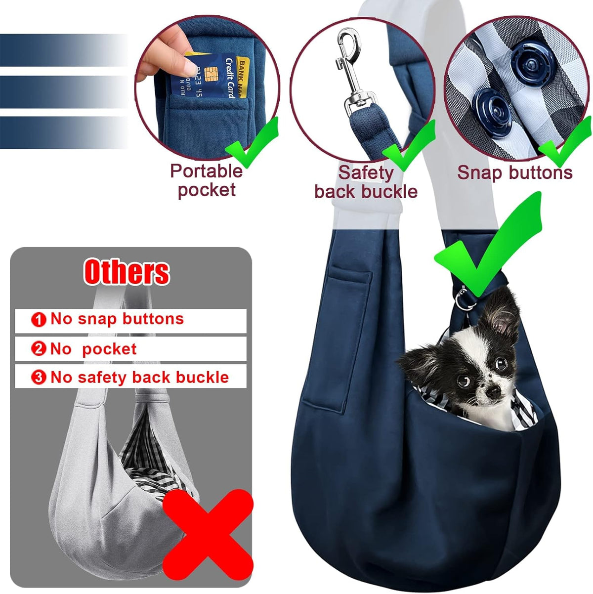 Pet Dog Sling Carrier for 3-10 lbs pet,Dog Purse Pouch,Dog Satchel,Reversible unadjustable Strap Travel Hand-Free Safe Bag Small Puppy Backpack (Dark Blue)