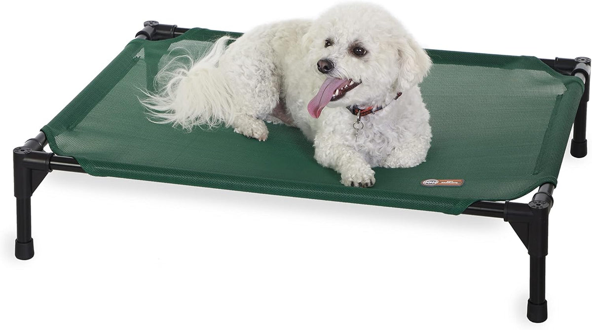 K&H Pet Products Outdoor Elevated Dog Cot, Cooling Raised Bed with Waterproof Breathable Mesh for Medium Dogs, Portable Place Bed with Heavy-Duty Metal Frame & Hammock Style Cover - Medium Green