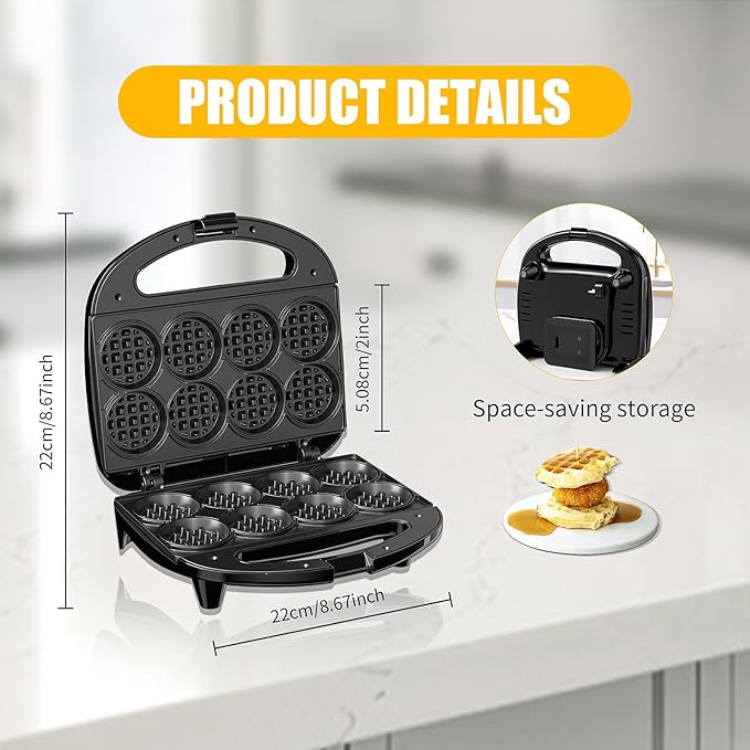 OSTBA Mini Waffle Maker: 750W Powerful Heating, Cooks 8 Waffles at Once