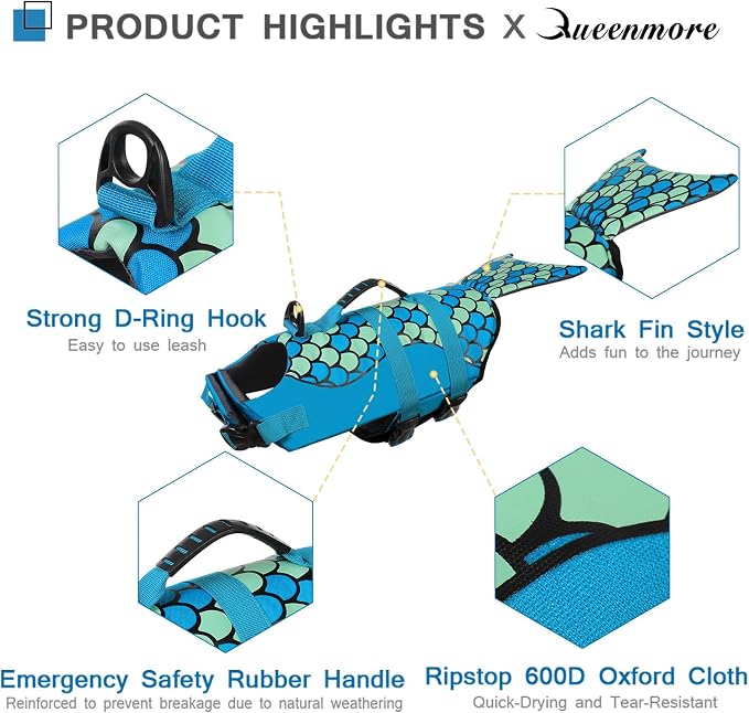 Mermaid Dog Life Jacket - Lightweight Dog Swimming Vest, High Buoyant, Blue, S-XL