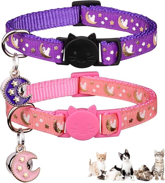 2Pcs Breakaway Cats Collars Cat Collars for Boy & Girl Cats Adjustable Kitten Collars with Bell,Pink+Purple,7"-10.7"