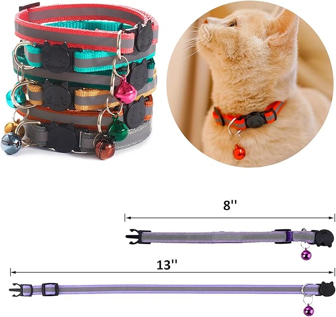 18Pcs Reflective Cat ID Collars with Bell Adjustable 19-32cm, Soft Nylon Adjustable Breakaway Identification Collars for Puppy Kittens