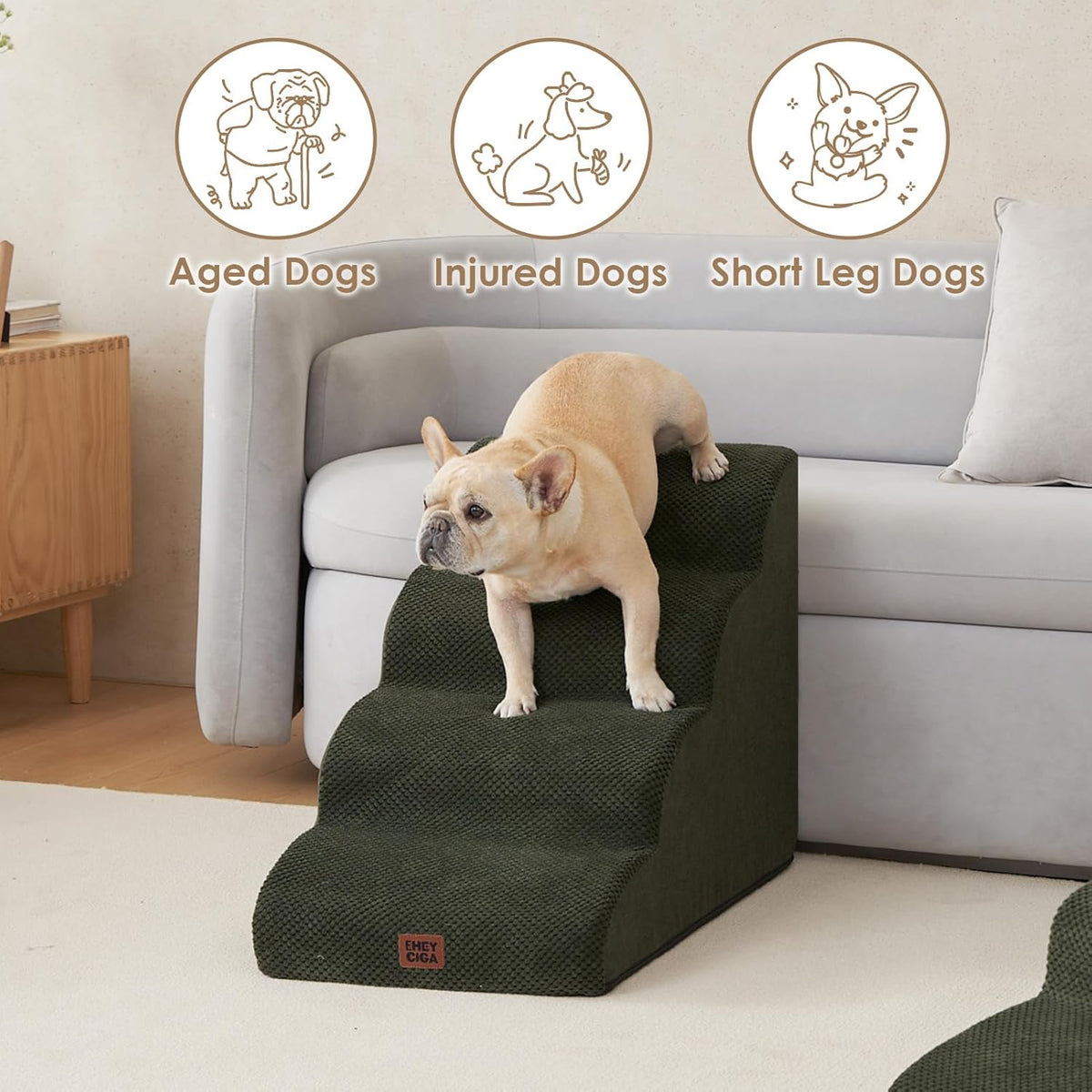 EHEYCIGA Curved Dog Stairs Ramp for High Beds 19.7" H, 4-Step Dog Steps for Small Dogs and Cats, Pet Stairs for High Bed Climbing, Non-Slip Balanced Pet Step Indoor, Olive Green