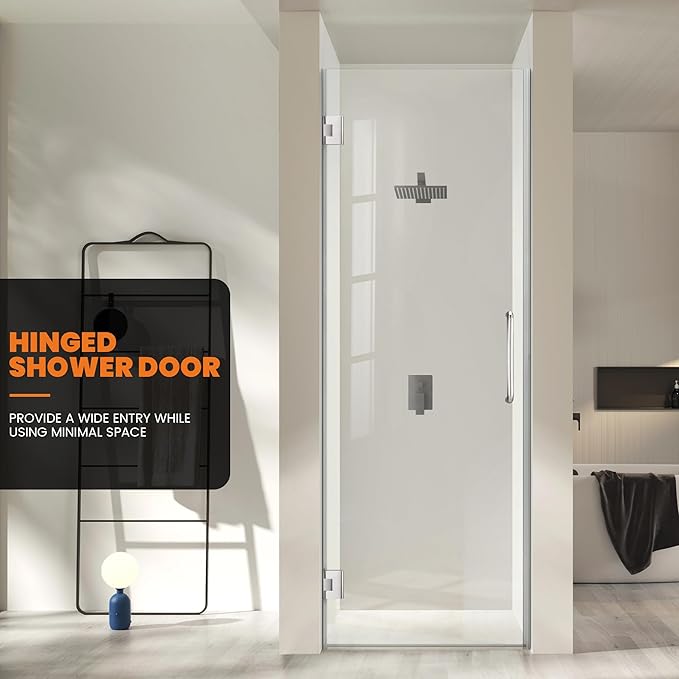 Bathroom Frameless Shower Door 24" W*72" H, 5/16" Clear Tempered Glass Hinged