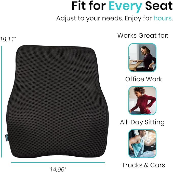 Vive Full Lumbar Pillow - Memory Foam Contour Support Cushion for Lower Back Pain - Muscle Strain, Sciatica, Arthritis, Osteoporosis, Scoliosis, Kyphosis, Bulging or Herniated Disc - Improve Posture