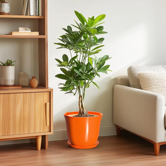 10 Inch Plant Pot - Ceramic Pots for Plants with Drainage Hole and Saucer, Round Planters for Indoor Outdoor Plants, Modern Decorative Planters, Room Home Decor, Gardening Gifts, Orange