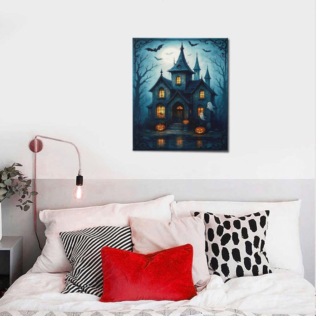Halloween Gothic Wall Art Castle Pumpkin Ghost Bat Canvas Wall Decor Dark Academia Pictures Painting Print Framed Artwork Decorations Gifts for Halloween Living Room Bedroom Office 20"x24"