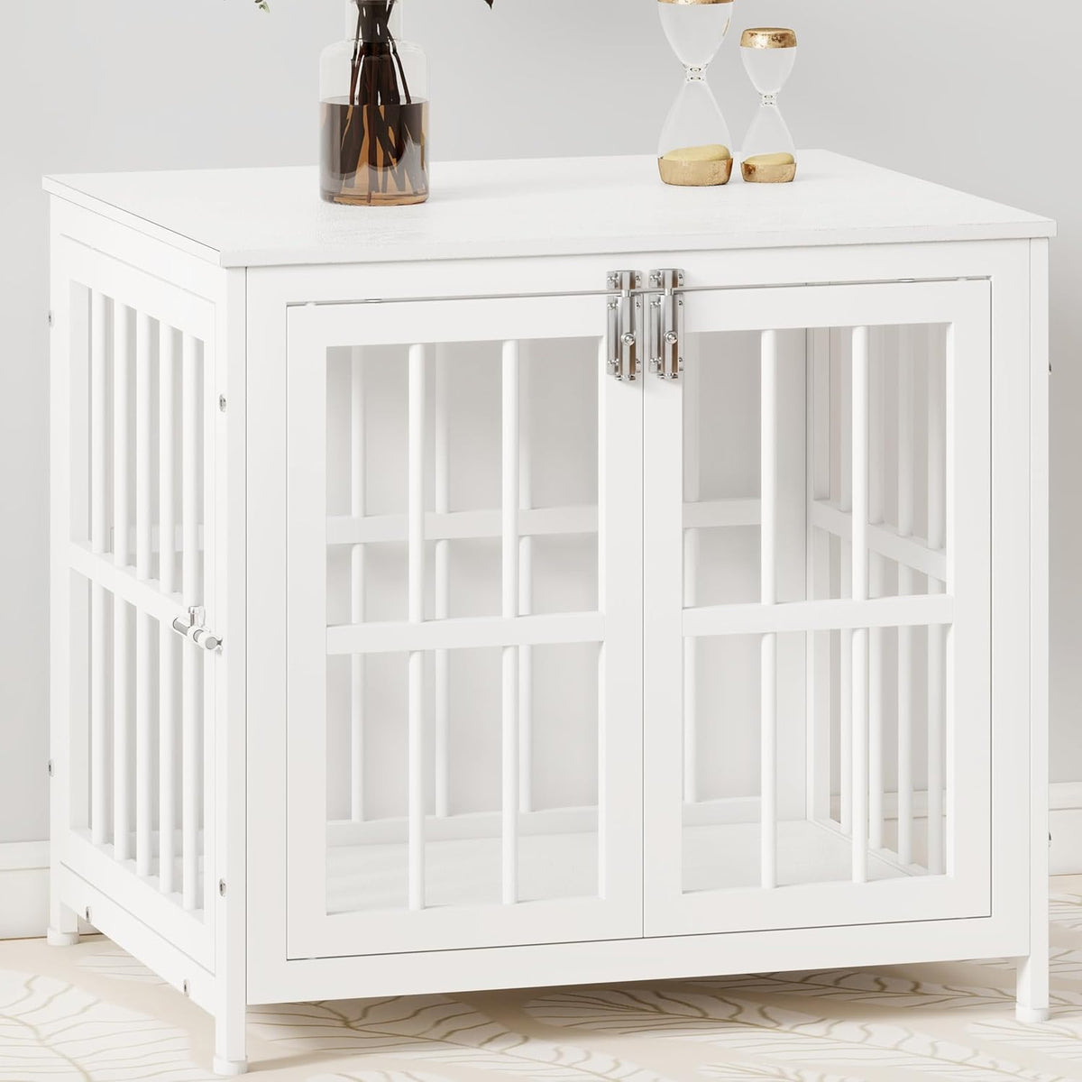 26 Inch Heavy Duty Wooden Dog Kennel End Table with Double Door Design and Secure Locks, Indoor Pet Crate Furniture for Small Dogs, Decorative Home Cage Design,White