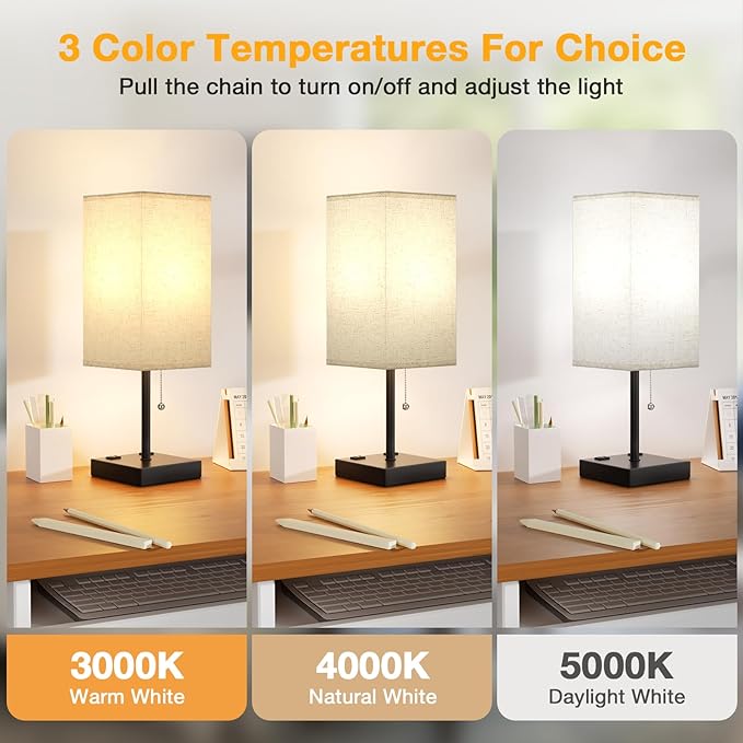 aooshine Beige Table Lamp for Bedroom - 3 Color Temperature 3000K 5000K 4000K Bedside Lamp, Pull Chain Control, USB A and C Ports, AC Outlets, Bulb Included, Medium