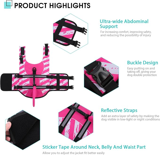 Dog Life Jacket High Flotation, Reflective Dog Life Vest for Swimming, Adjustable Dogs Life Preserver Rescue Handle Spring Summer Pool for Small, Medium, Large Dogs (Pinkwhite,S)