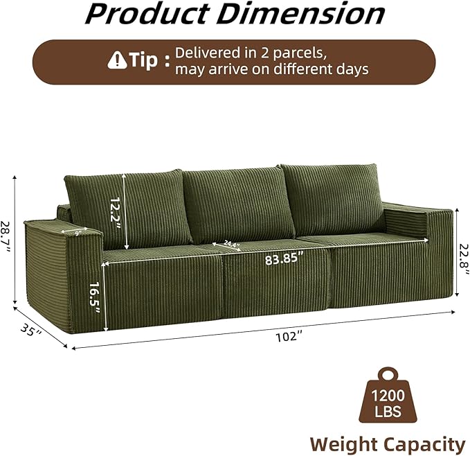 102” Boneless Modular Couch, 3 Seater Cloud Sofa for Living Room, Modern Sectional Sofa with Deep Seat, Comfy Fluffy Loveseat Couch, No Assembly Required, Green