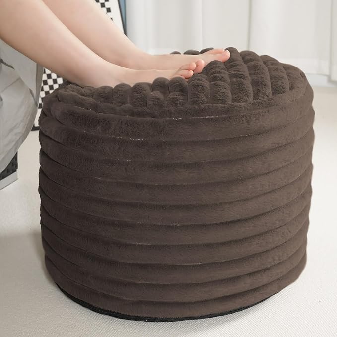 Pouf Ottoman Stuffed Round for Foot Rest, Faux Fur Poufs with Foam Chunk Filling, Storage Ottoman Pouf Foot Stool Cushion, 26 X 18 Inch Floor Chair for Living Room Bedroom Home Decor, Brown