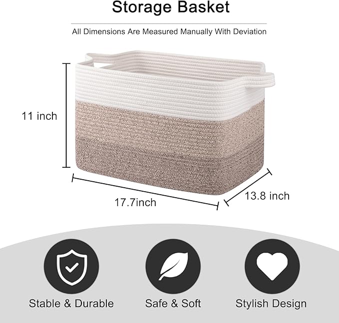 OIAHOMY Cotton Rope Basket, Rectangle Woven Baskets for Storage, Nursery Blanket Storage Living Room, Toy Basket With Handle-17.7”x13.8”x11”-Gradient Yellow