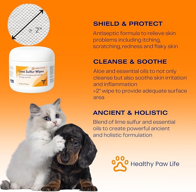Healthy Paw Life Lime Sulfur Wipes - Relief for Itching, Scratching, and Redness - Infused with Lime Sulfur, Aloe & Essential Oils - Skin Care Solution for Pets (50ct, 2" Skin Soothe Wipes)