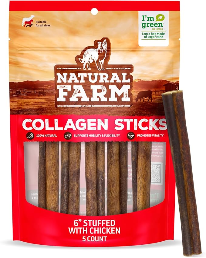 Natural Farm Chicken Stuffed Collagen Sticks with Real Chicken for Dogs (6 Inch, 5-Pack), Rawhide-Free Collagen Sticks, Odor-Free Natural Dog Chews, Long Lasting, for Small, Medium and Large Dogs
