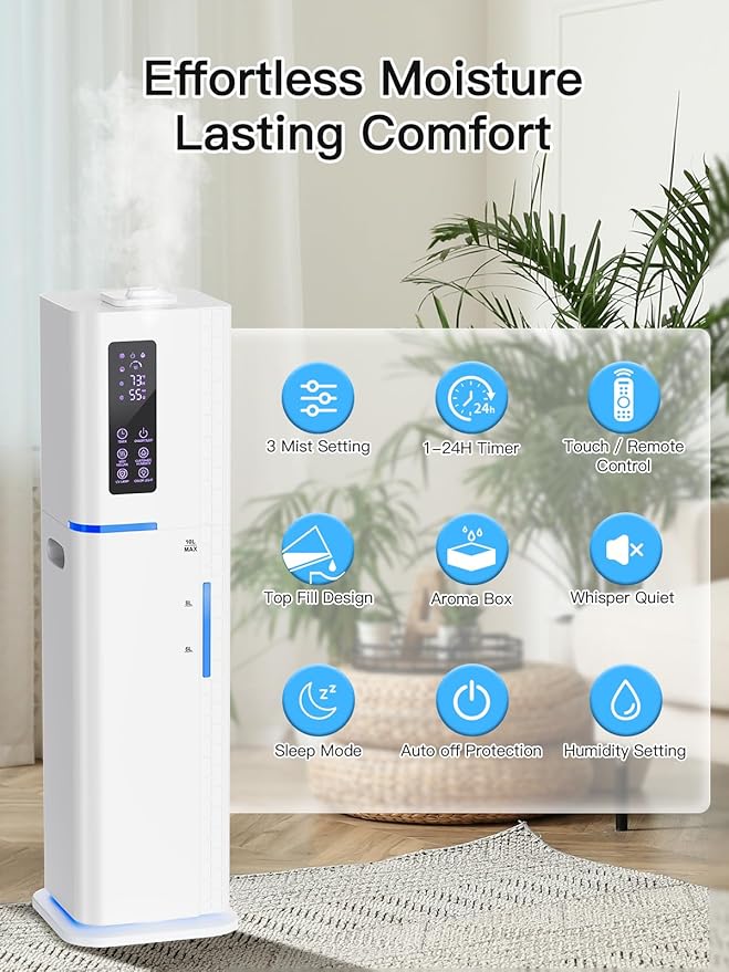 Zeova 10L/2.64Gal Humidifiers for Bedroom, Top Fill Quiet Ultrasonic Cool Mist