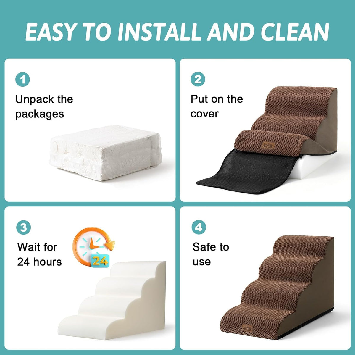 Dog Stairs for Small Dogs 15.7" H, Curved Dog Step for Puppy, Older Cat, Medium Pet Ramp for Sofa, Couch or Chair, Ladder with High Density Foam, 15.7x22.4x15.7 inch, 3 Step, Brown