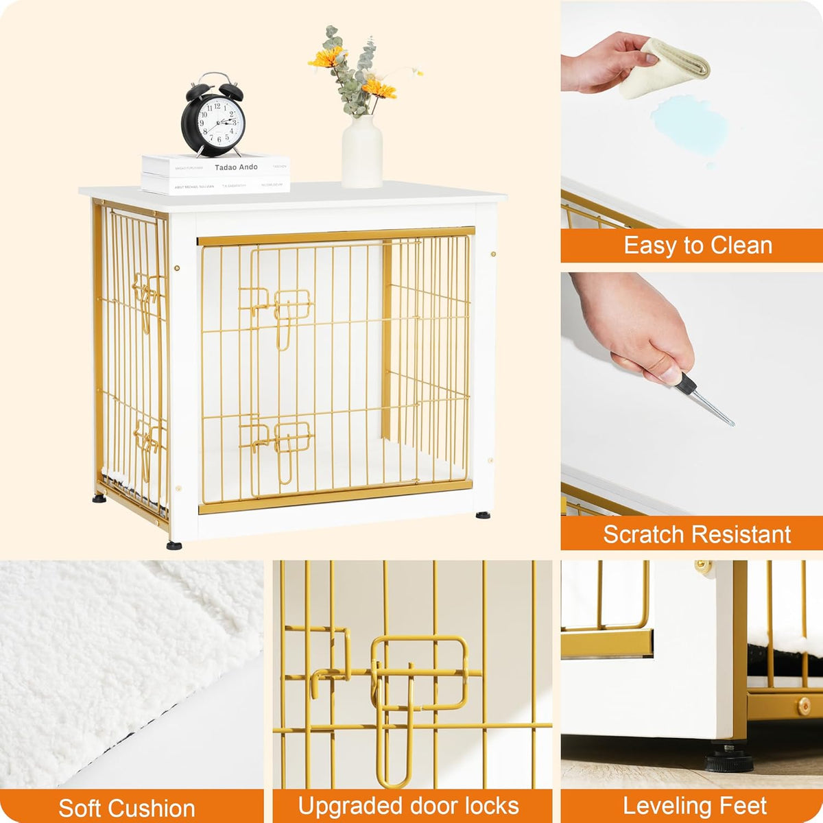 DWANTON Dog Crate Furniture with Cushion, Wooden Kennel Table with Double Doors, Indoor Dog House, Small/Medium/Large Size, 27.2" L, White