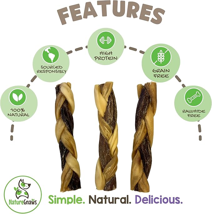 Nature Gnaws Braided Gnaws for Dogs 5-6" (12 Count) - Long Lasting for Small and Medium Dogs - Natural Beef Bully Stick Combo Braids - Rawhide Free