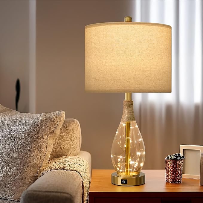 OYEARS 23" Table Lamps for Living Room Set of 2 Bedside Lamps for Night Stands Bedroom Lamps Farmhouse Rattan Boho Lamp Glass Nightlight End Table Lamp with USB C+A (Gold),Two Light Points