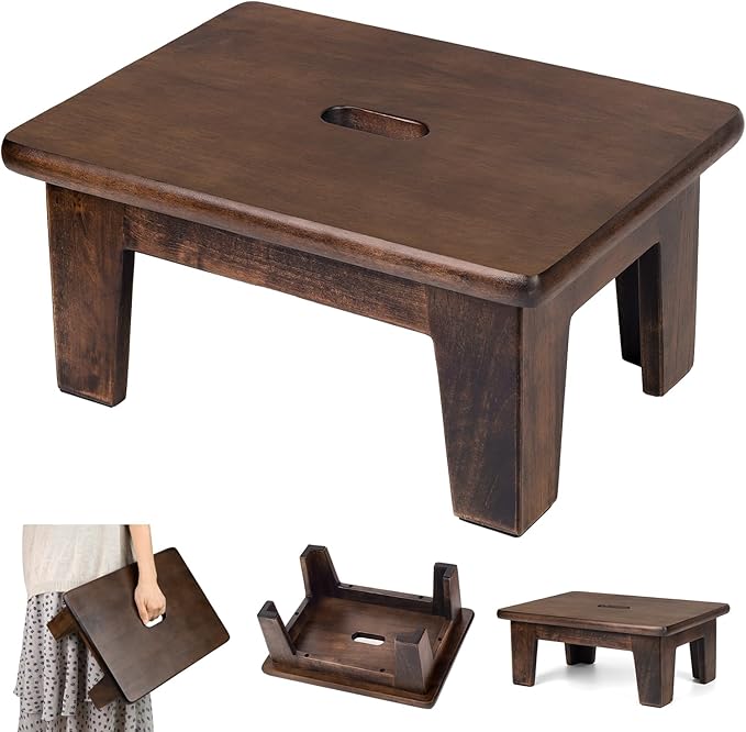 Wooden Step Stool (16.5" D x 12" W x 6.5" H) No Assembly Needed, Bed Steps for High Beds for Adults - Natural Solid Wood One Step Stool, Heavy Duty- Holds up to 600Lbs- Perfect Safety (Walnut Color)