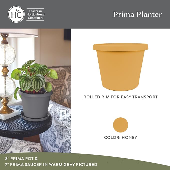 The HC Companies 14 Inch Prima Round Planter Pots with Drainage Holes and Rolled Rim, Lightweight UV-Resistant Plastic Indoor & Outdoor Planters, 2-Pack Flower Pots for Garden & Home Decor, Honey