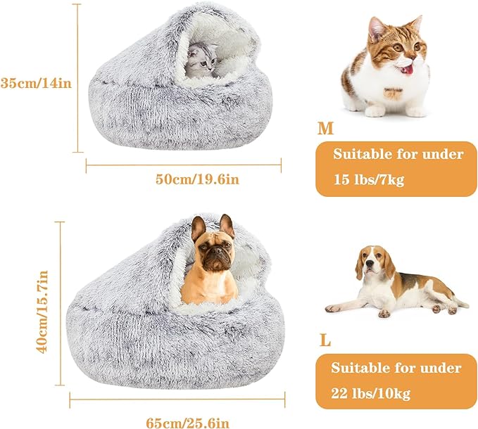 Cat Beds for Indoor Cats,Plush Hooded Cat Cave for Puppy Kitty Small Dog Bed,Removable Washable Non-Slip Bottom Self Warming Round Fluffy Faux Fur Super Soft Calming Sleeping Pet Bed(Gray)
