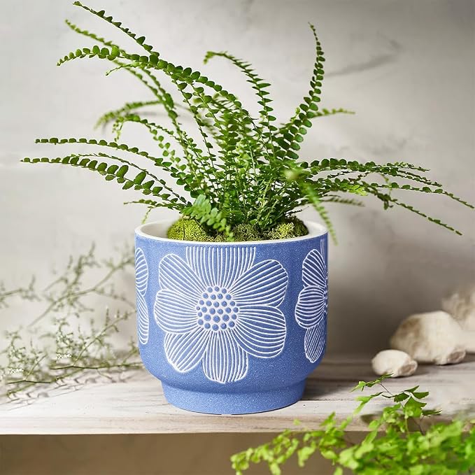 YBX 8 Inch + 6 Inch White Flower Pattern Plant Pots, Sand Glazed Ceramic Planter with Drainage Hole, Flower Pots for Indoor Plants, Blue