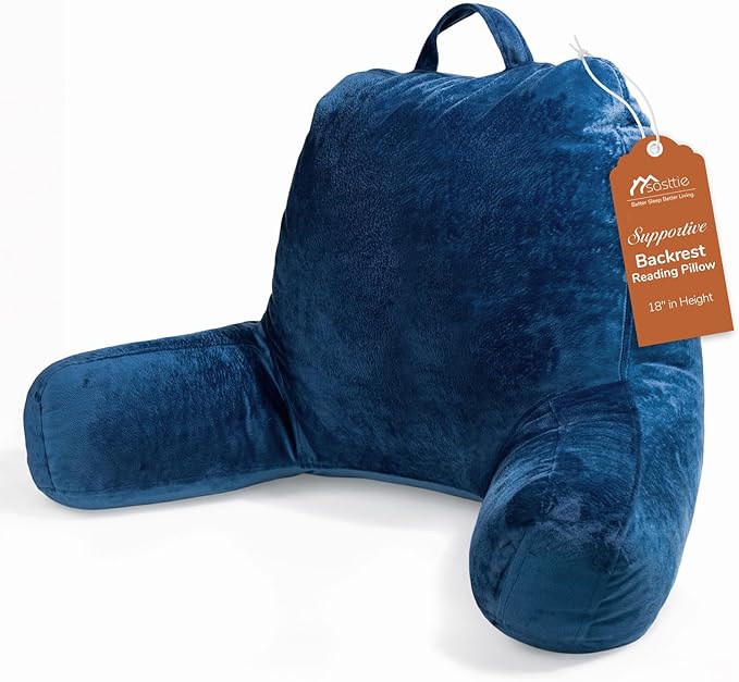 Sasttie Reading Pillow, Velvet Back Pillow for Bed Sitting Up, Adult Back-Rest Support Cushion with Arms for Sit Up on Couch, Sofa, and Floor, Dorm Essentials, Reading Accessories, Navy