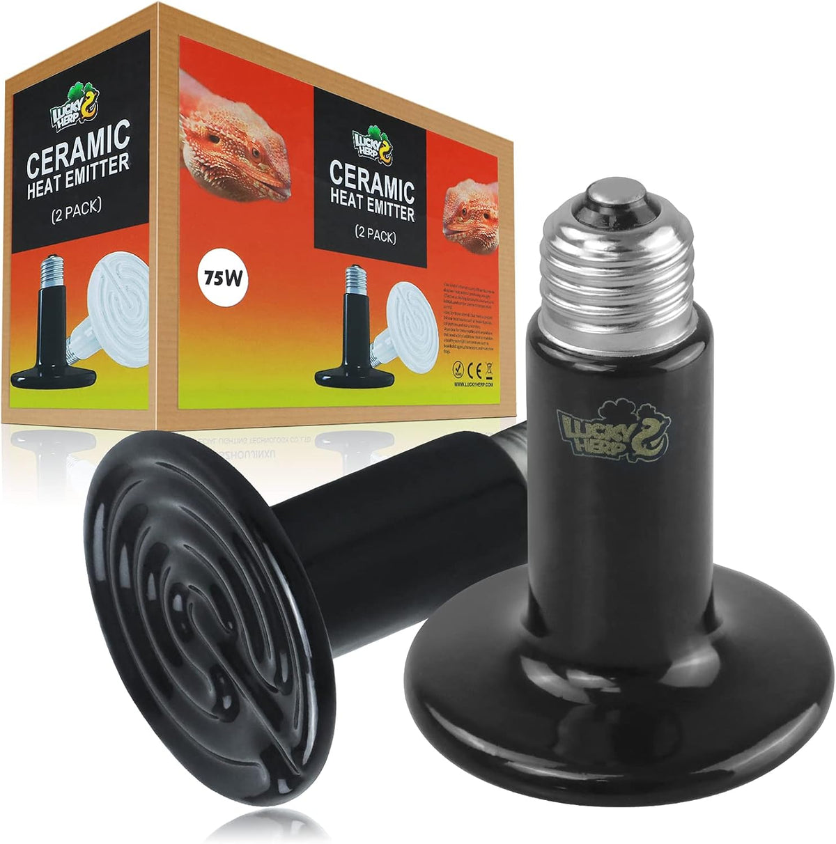 LUCKY HERP 75W Ceramic Heat Emitter, Reptile Heat Bulbs, Ceramic Heat Lamp for Reptiles, Amphibian, Chicken, Dog, Cat (2-Pack)