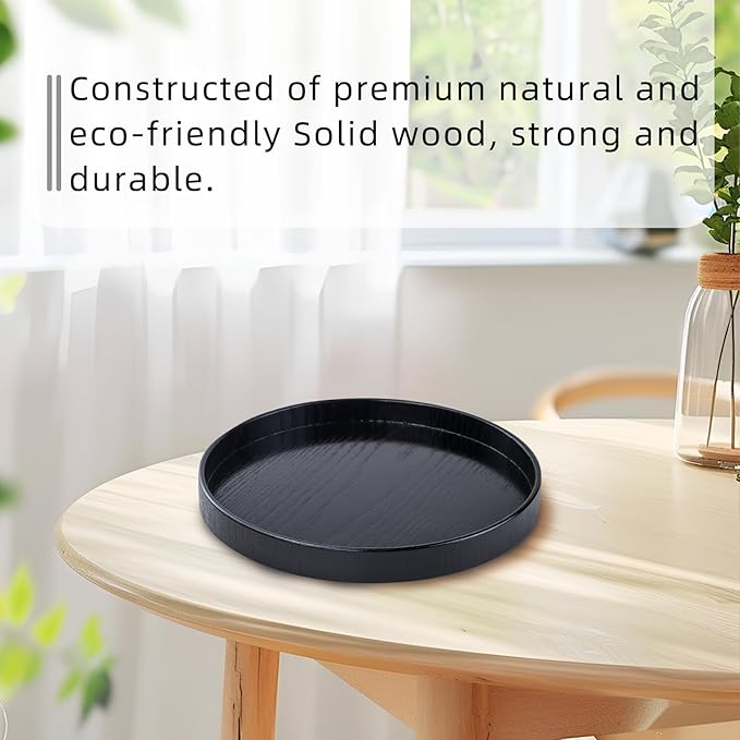Round Solid Wood Serving Tray 21CM Black,Decorative Wooden Serving Plate for Tea Coffee Snack Food Meals,Ottoman Breakfast Tray with Raised Edge,for Home,Kitchen,Bathroom,Party,Restaurant Decor(8.26")