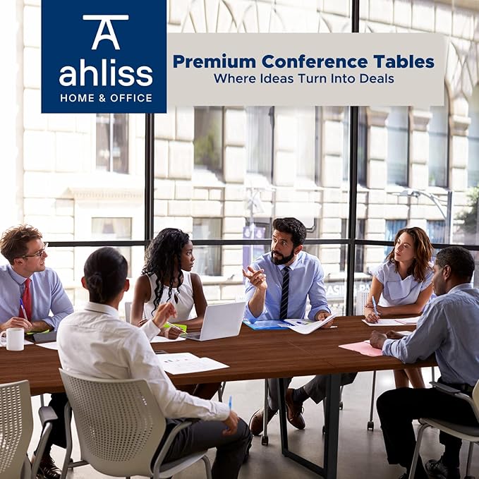 ahliss Sturdy Conference Table with Cable Management Grommets Modern Rectangle Office Meeting Table with Wood Tabletop and Metal Frame & Legs- Easy Assembly Boardroom Table (Mahogany, 12 Foot)