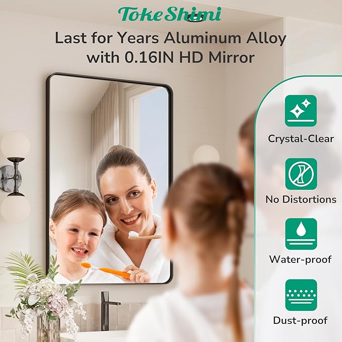 TokeShimi 72x36 Black Bathroom Mirror, Tempered Glass, Bathroom Wall Mirror