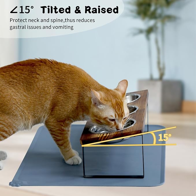 Upgraded Elevated Cat Bowls with Food Mat,15°Tilted Stand Anti Vomiting Raised Cat Dishes for Food and Water,3 Stainless Steel Bowls for Cats and Puppy（Rustic Brown）