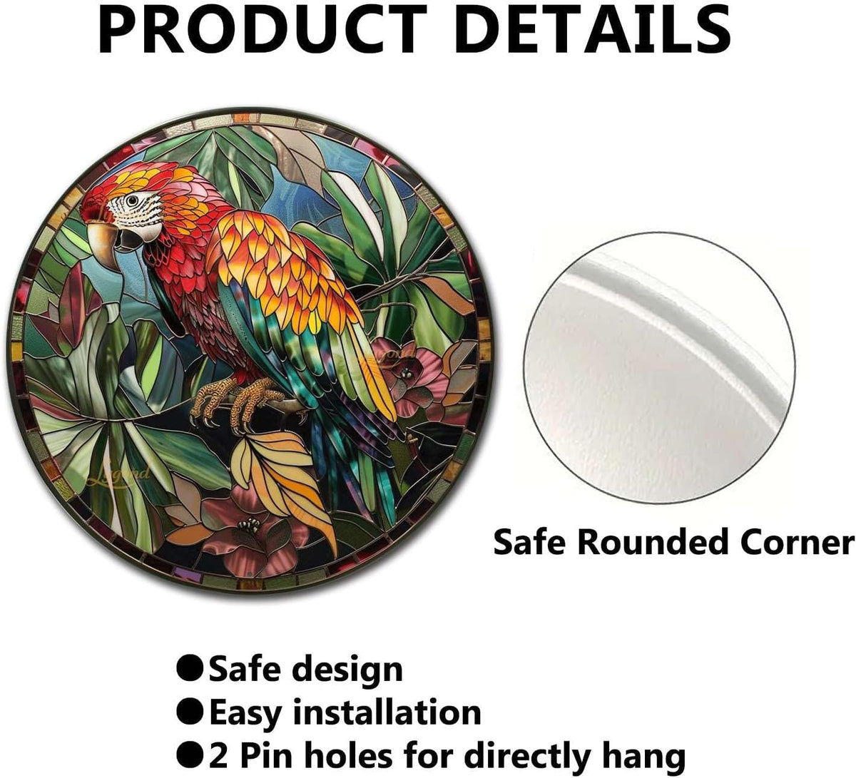 Lygond Metal Sign Tin Sign Circular Stained Glass Parrot Funny Outdoor Decor for Restaurant 12×12 Inches