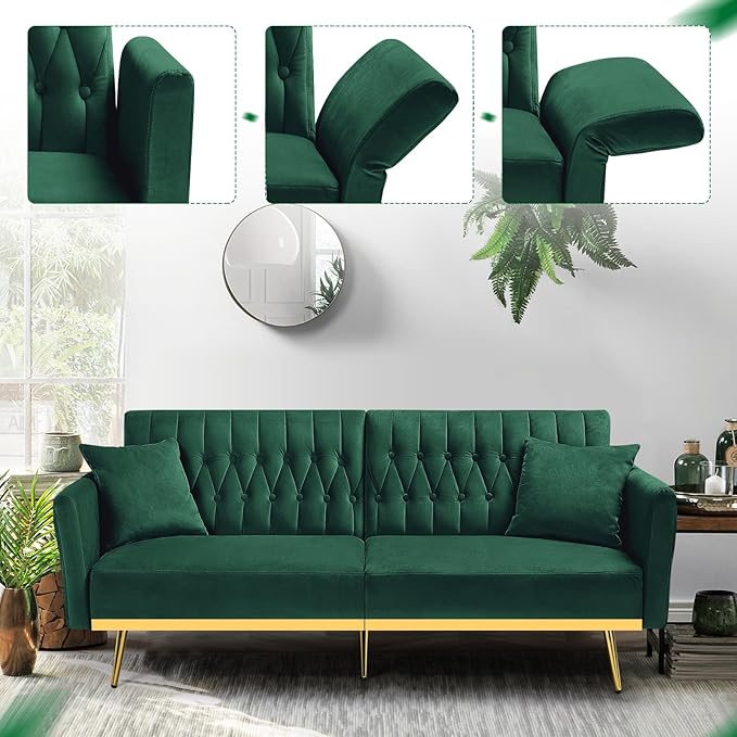 70” Velvet Futon Sofa Bed w/Adjustable Backrests and Armrests, Convertible Futon Couch with 2 Pillows, Modern Tufted Sleeper Bed for Living Room, Bedroom,Green