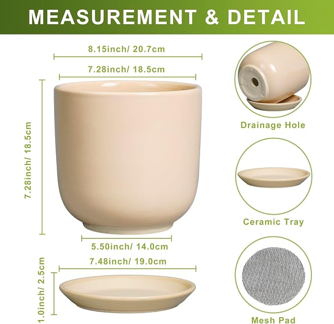 Ceramic Planter - Round Modern 8 Inch Plant Pot with Drainage Hole and Saucer for Flowers Herb, Home House Office Room Apartment Decor, Yellow