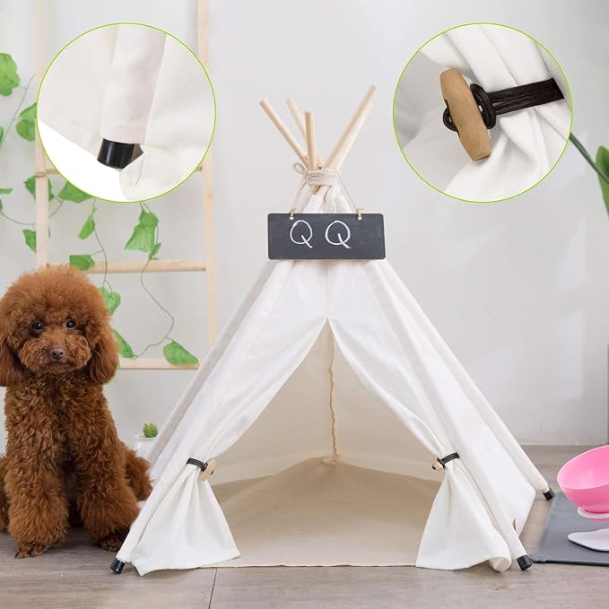 Dog Teepee Bed Cat Tent Portable Houses Pet Puppy with Thick Cushion (L:Size fits 15kg/33lbs (Pets)) | (White, L:Size fits 15kg/33lbs (Pets))