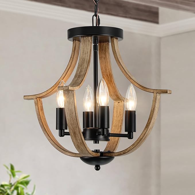 Farmhouse Hanging Pendant Lighting, 4-Light Rustic Flush Mount Ceiling Light Fixture,Modern Faux Wood Vintage Chandelier for Dining Room Kitchen Island Foyer Hallway Entryway Bedroom
