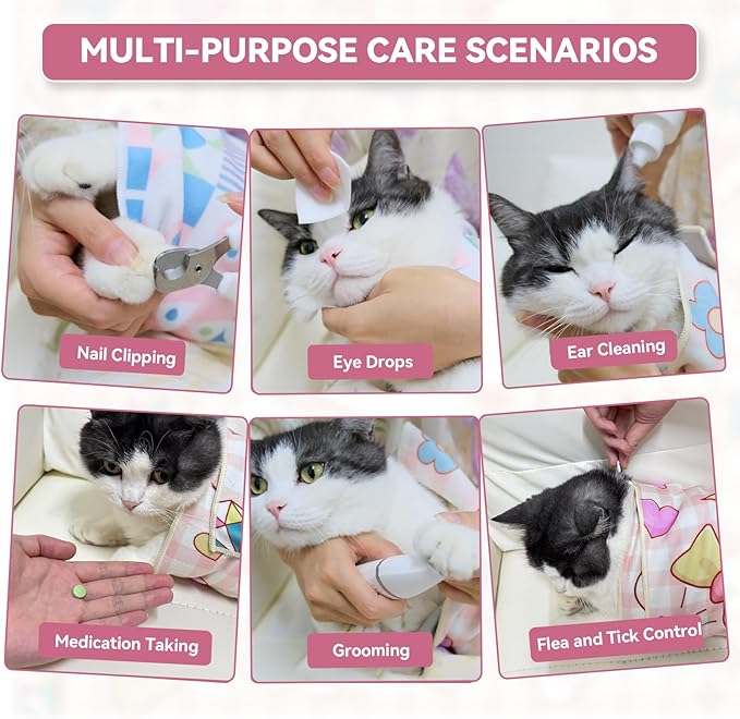 Cat Grooming Wrap for Cutting Nails, 21.6" Anti-Escape Calming Cat Swaddle Wrap for Medicine, Nail Clipping, Teeth Brushing, Ear Cleaning, Self-Adherent Burrito Restraint, (Geometric Fish, M)