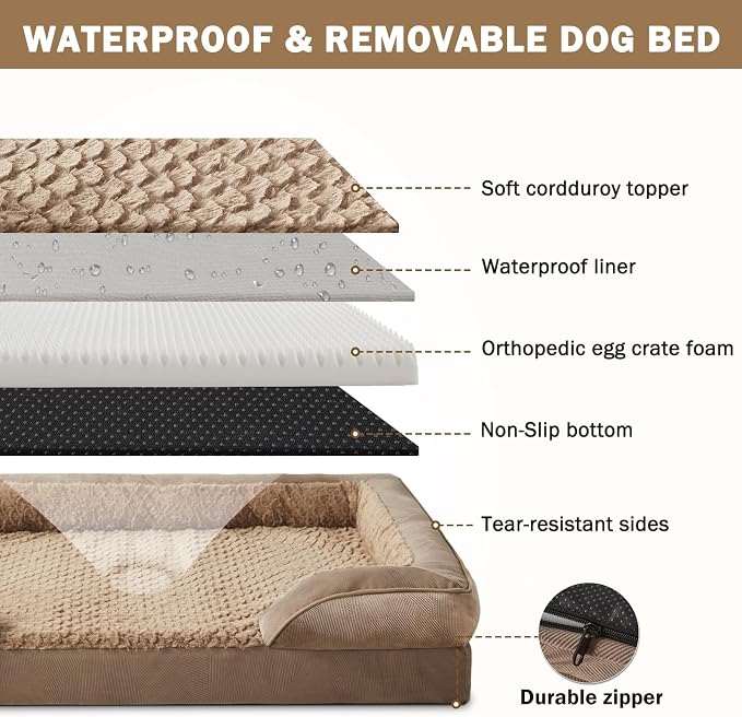 L Plus Orthopedic Dog Bed for Large Dogs, Washable Dog Sofa with Egg-Crate Foam, Waterproof Lining and Non-Skid Bottom