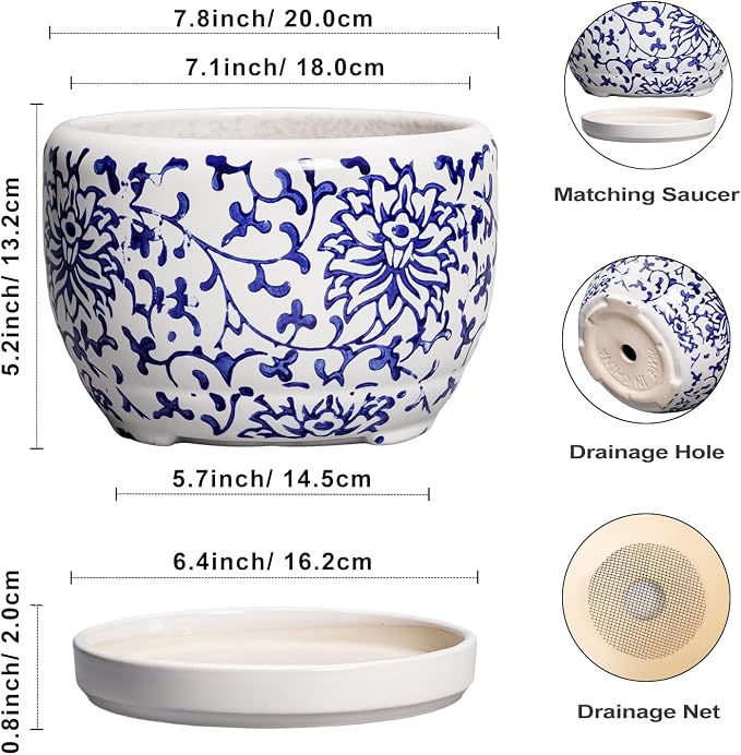 SQOWL Ceramic Pots for Plants - 8 inch Ceramic Planter with Drainage Hole and Saucer, Round Flower Pots for Indoor Plants, Porcelain Planter Outdoor, Porch Decor, Gifts for Women Men, Blue and White