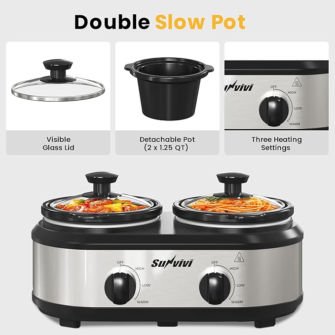 Sunvivi Dual Slow Cooker, Buffet Server and Food Warmer, Small Mini Pot