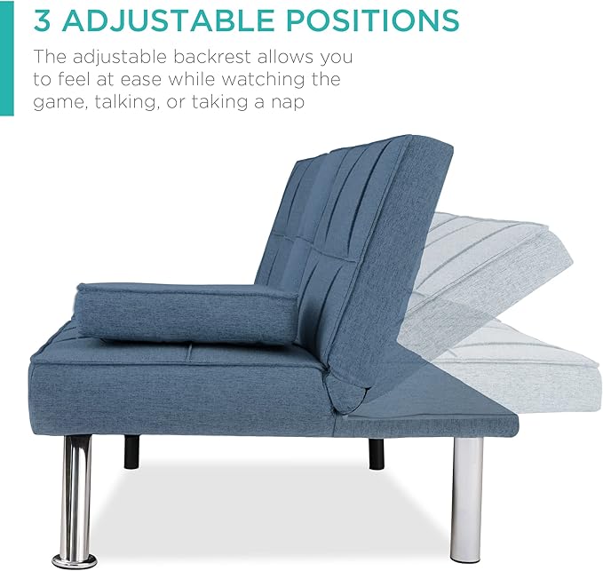 Best Choice Products Linen Modern Folding Futon, Reclining Sofa Bed for Apartment, Dorm w/Removable Armrests, 2 Cupholders - Blue